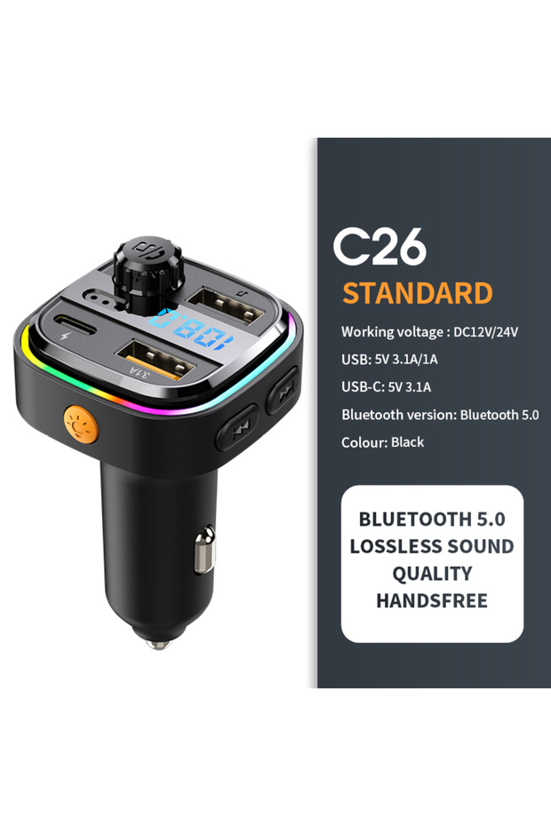 C26-Black جهاز إرسال FM بتقنية البلوتوث 5.0 ومشغل MP3 ومحول راديو للسيارة بدون استخدام اليدين مع منفذ USB بقوة 22.5 وات
