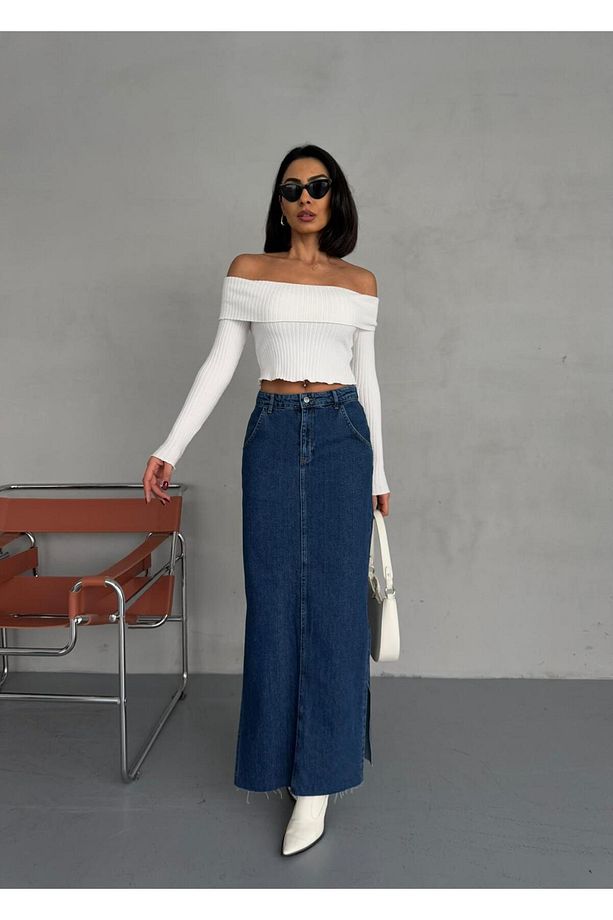 YANLARDAN YIRTMAÇLI JEAN MAXI ETEK - 5