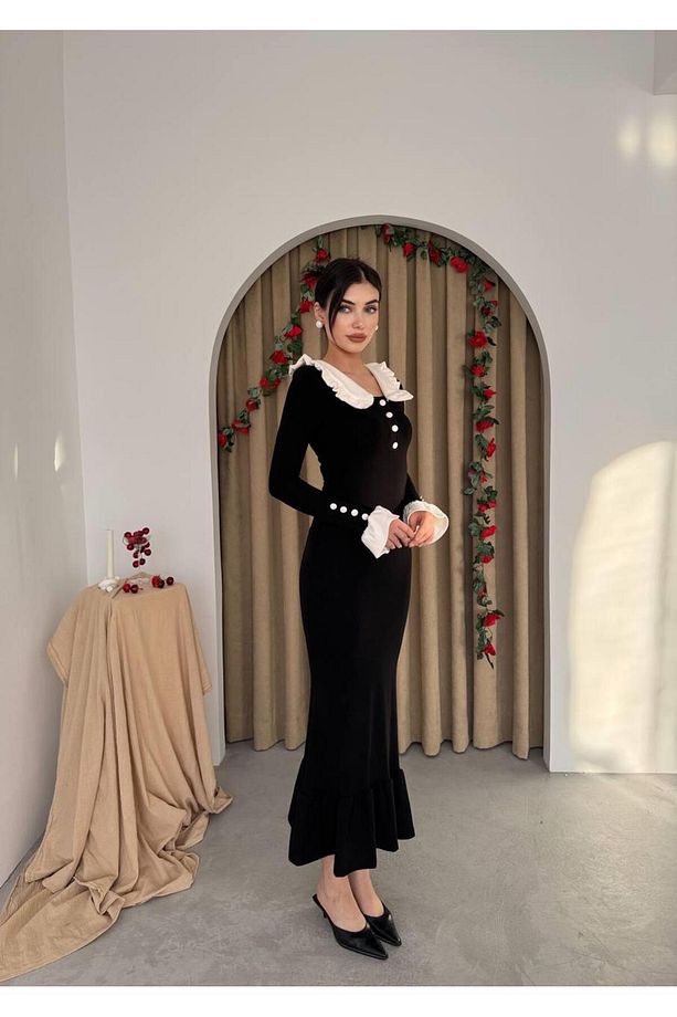Bebe Yaka Düğmeli Uzun Triko Elbise - 2