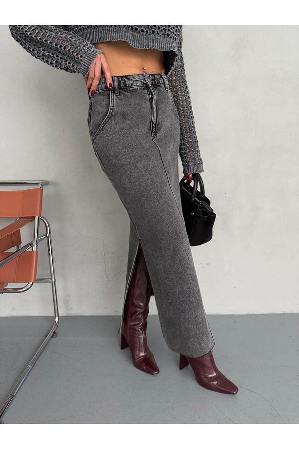 YANLARDAN YIRTMAÇLI FÜME JEAN MAXI ETEK - 8