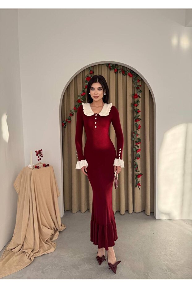 Bebe Yaka Düğmeli Uzun Triko Elbise - 2