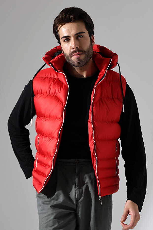Men's Inflatable Vest with Gel Padding, Removable Zipper, Hood, Inner Pocket, Water-Repellent Fabric, Red