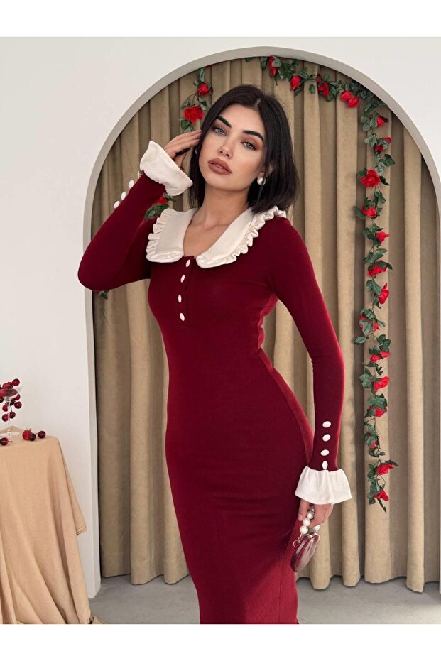 Bebe Yaka Düğmeli Uzun Triko Elbise - 4