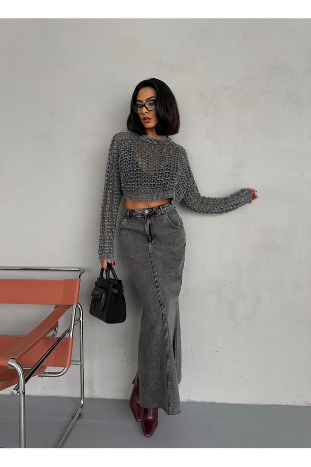 YANLARDAN YIRTMAÇLI FÜME JEAN MAXI ETEK - 4