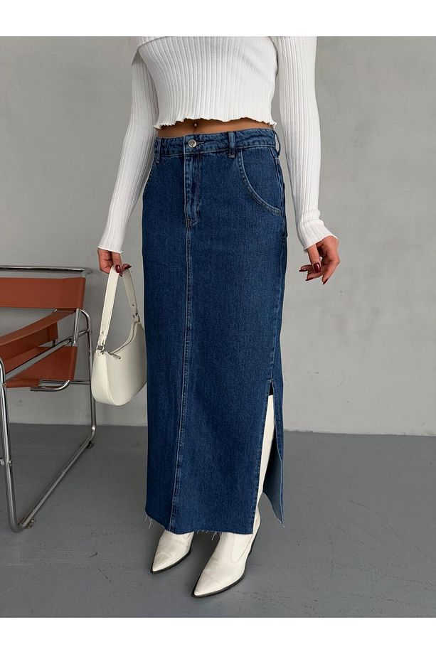 YANLARDAN YIRTMAÇLI JEAN MAXI ETEK - 8