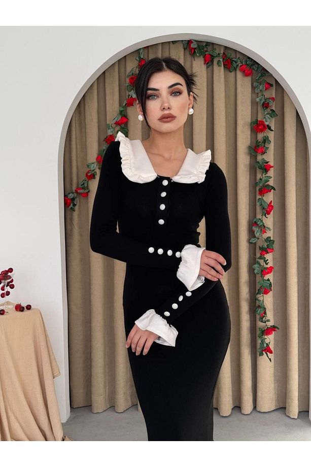 Bebe Yaka Düğmeli Uzun Triko Elbise - 5