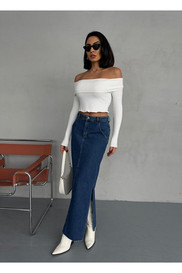 YANLARDAN YIRTMAÇLI JEAN MAXI ETEK - 4