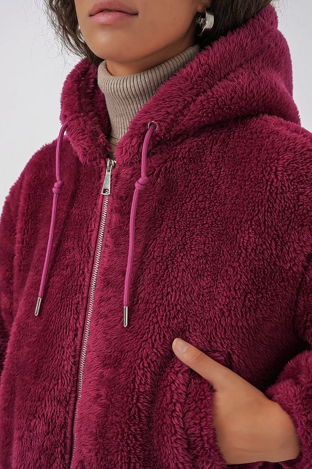5193 Kapüşonlu Peluş Crop Ceket - Mürdüm - 5