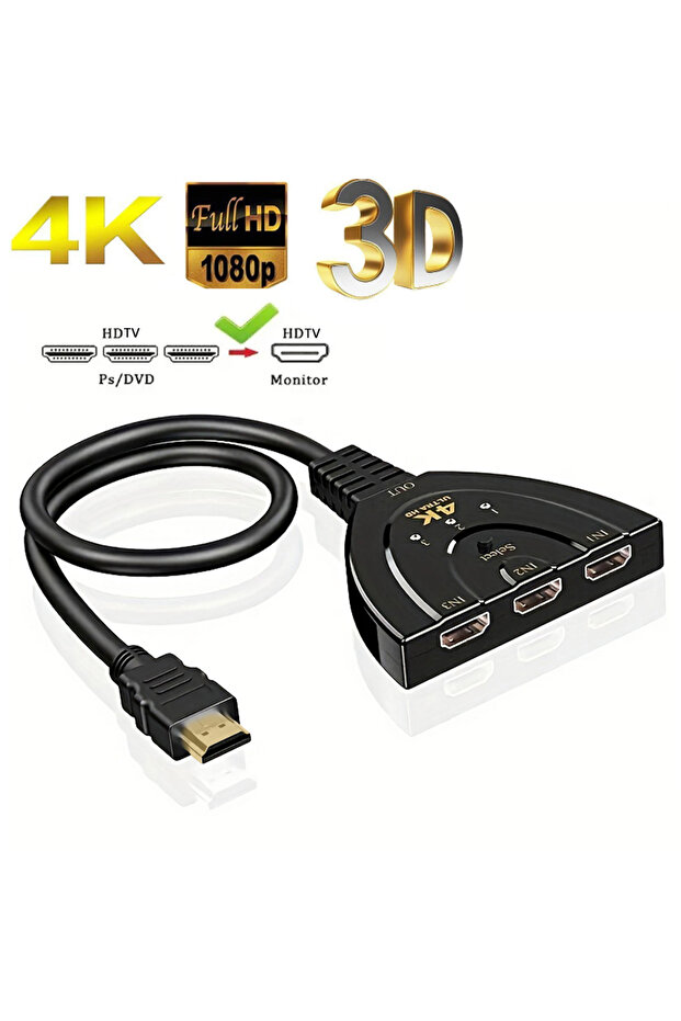 محول HDMI 4K*2K 3 منافذ متوافق مع HDTV محول فيديو 4K 3D موزع KVM 3 مدخل 1 مخرج P