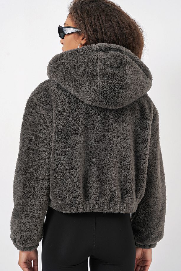 5193 Kapüşonlu Peluş Crop Ceket - Antrasit - 7