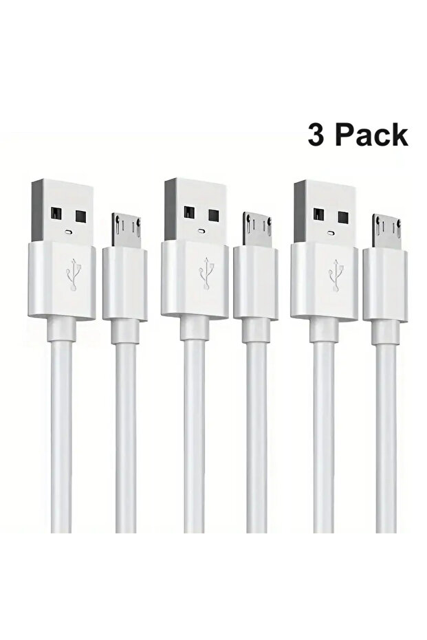 كابل شحن USB A إلى Micro أبيض بطول 1 متر/3 أقدام - عبوة من 3 قطع