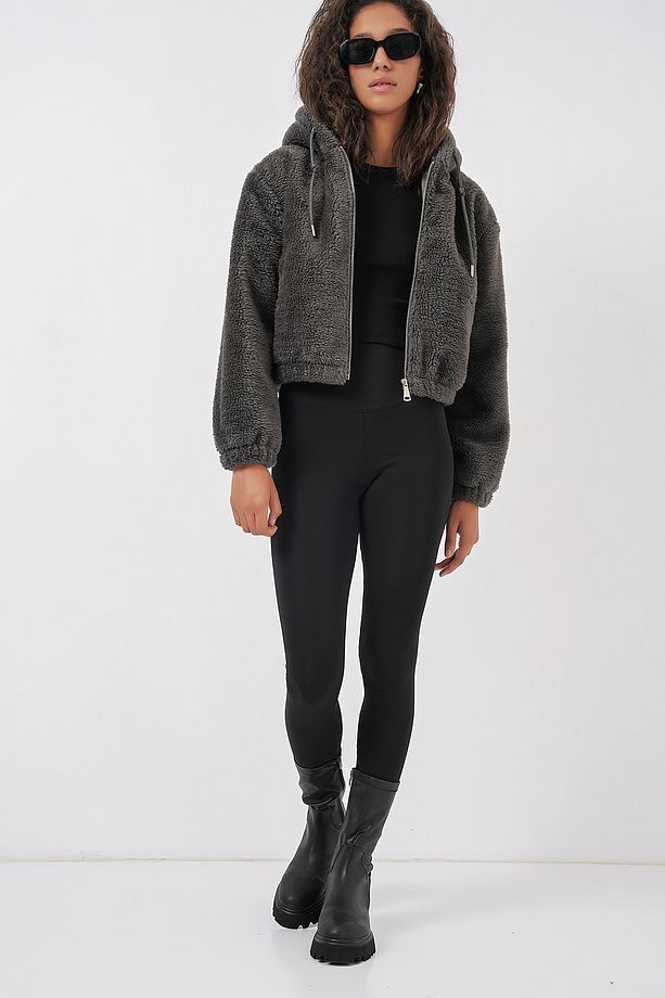 5193 Kapüşonlu Peluş Crop Ceket - Antrasit - 3