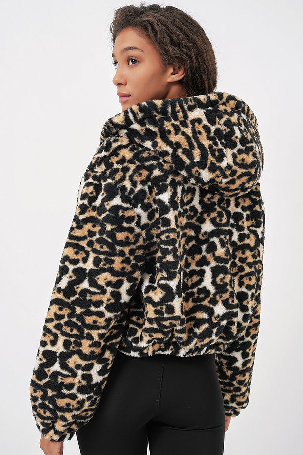5193 Kapüşonlu Peluş Crop Ceket - D.Kahve - 6