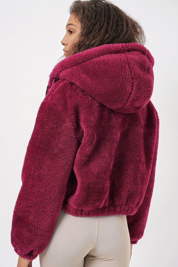5193 Kapüşonlu Peluş Crop Ceket - Mürdüm - 6