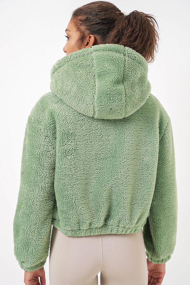 5193 Kapüşonlu Peluş Crop Ceket - E.Yeşil - 7