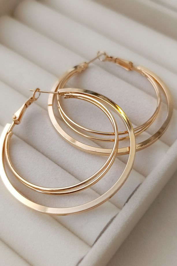 Çift Katmanlı Gold Halka Modern Küpe Tasarımı - 4