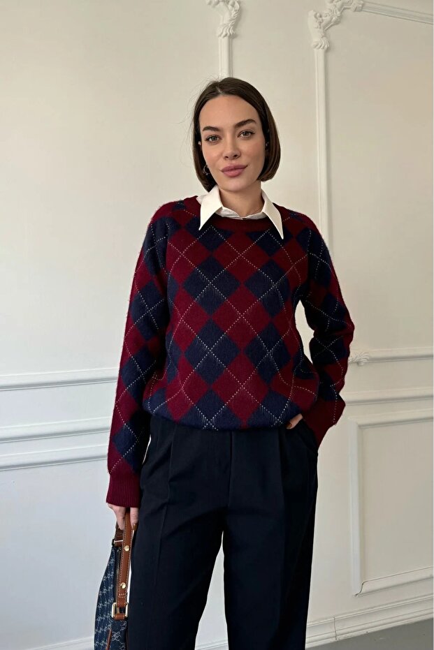 Claret Red-Navy Diamond Pattern Knitwear Sweater