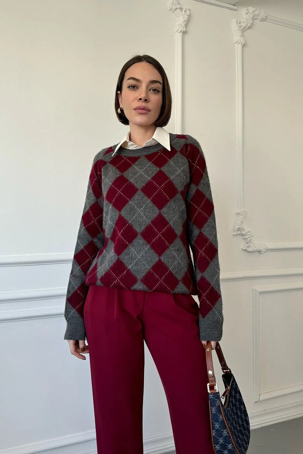 Women's Shoulder Stitched Diamond Pattern Knitwear Sweater