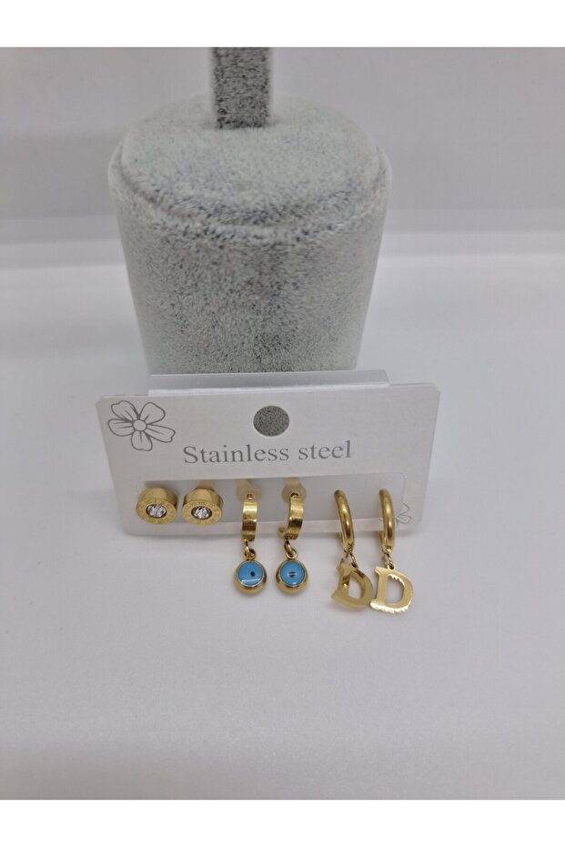 Steel D Letter Evil Eye Beaded Set of 6 Earrings