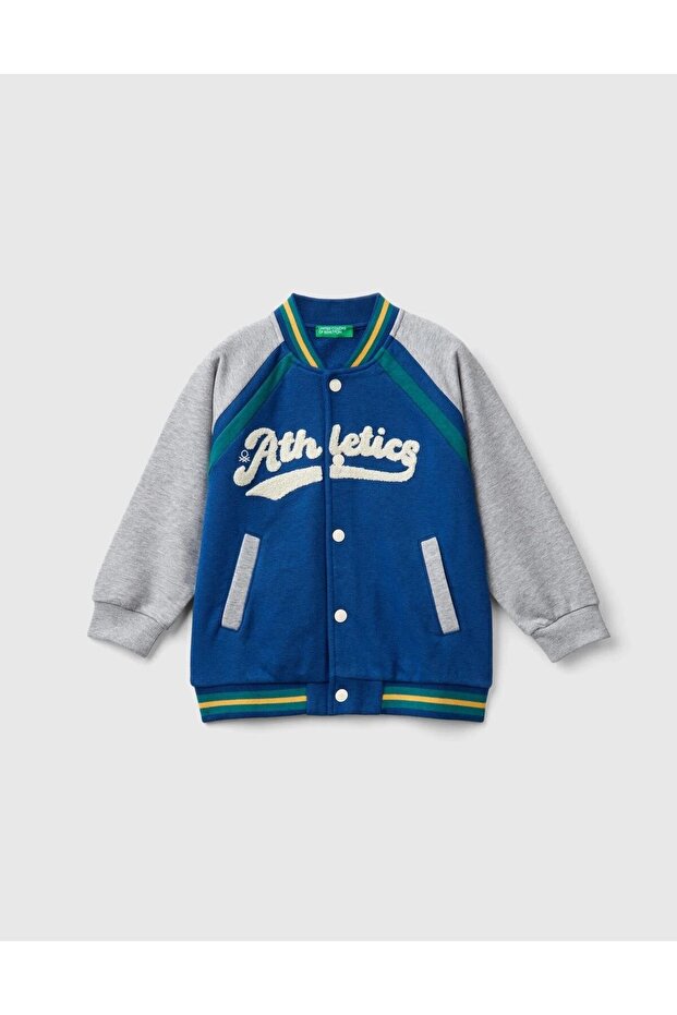 Boy's Cobalt Blue Contrast Detailed Front Snap Closure Raglan Arm Bomb