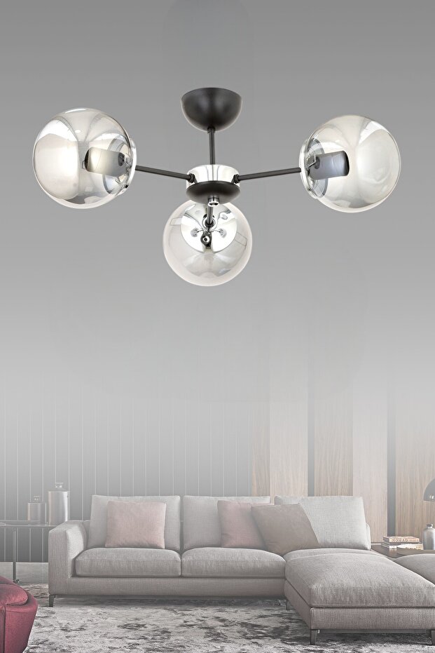 Güneş 3 Lü Plafonyer Avize Füme Glob Camlı Salon Yatak Odası Mutfak - 3