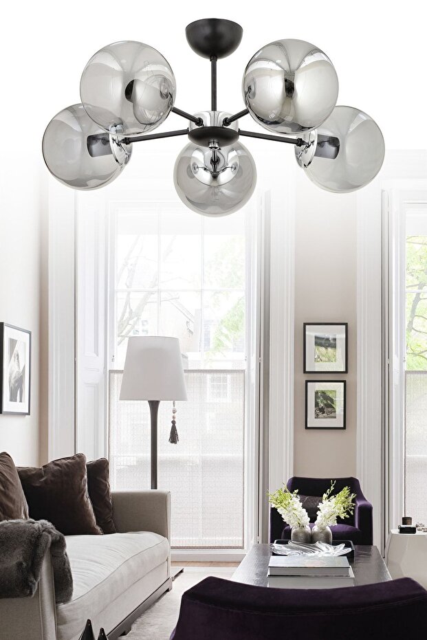 Güneş 5 Li Plafonyer Avize Füme Glob Camlı Salon Yatak Odası Mutfak - 2