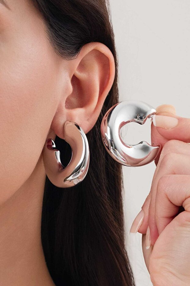 Kadın Dalgalı İthal Halka Çelik Küpe - 3