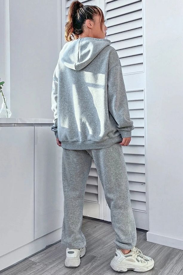 Pamuklu Pause Kapüşonlu Kombin Alt Üst Eşofman Takımı - Baskılı Oversize Lastik Paça - 2