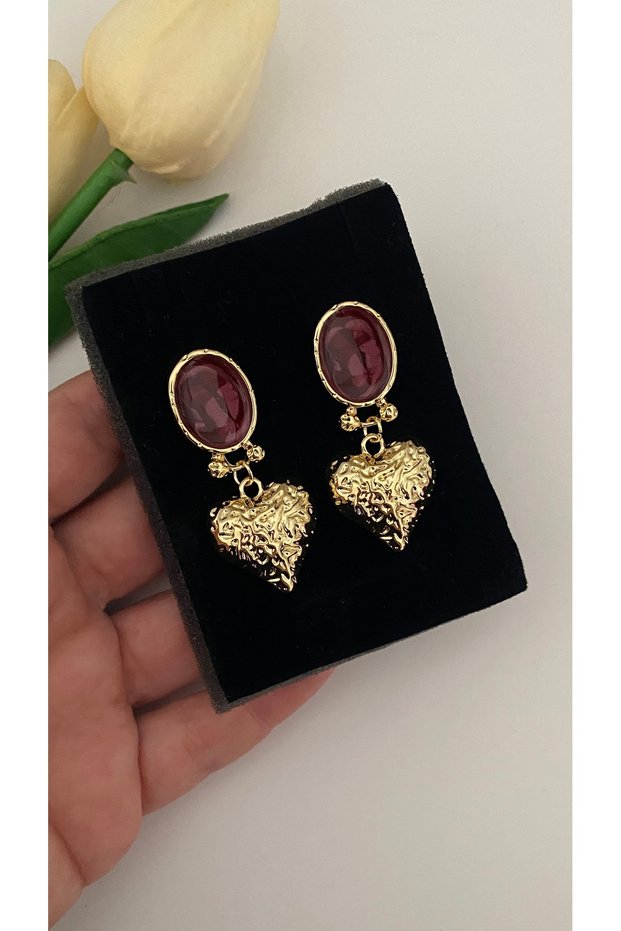 Burgundy Stone Embroidered Heart Model Christmas Special Design Earrings