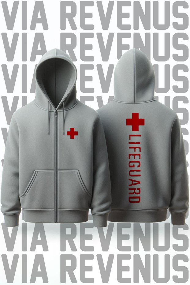 Lifeguard / Lifeguard Front and Back Printed Unisex Zippered Hooded Gray Sweatshirt Cardigan