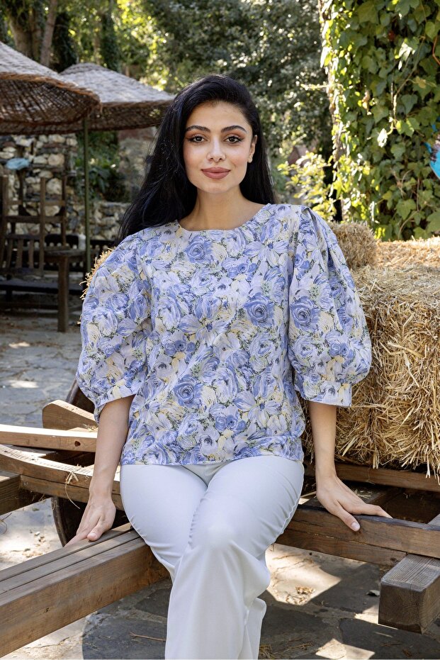 Blue Pastel Floral Loose Cut Balloon Sleeve Blouse