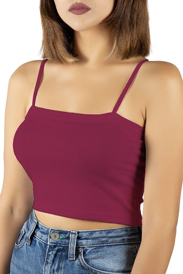 Fuşya İp Askılı Fitted/Vücuda Oturan Fitilli Crop Top Atlet - 2
