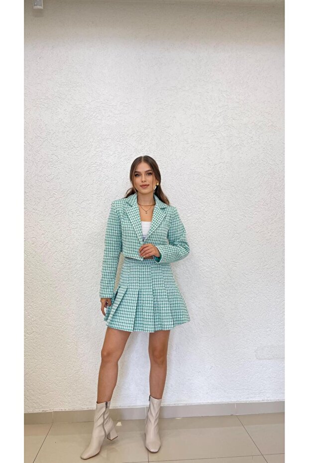 Women's Green Chanel Fabric Short Jacket and Pleated Skirt Set