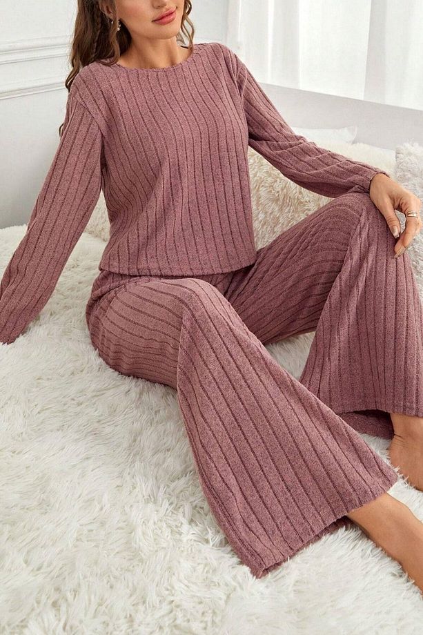 Gül Kurusu Pamuklu Fitilli Uzun Pijama Takımı - 2