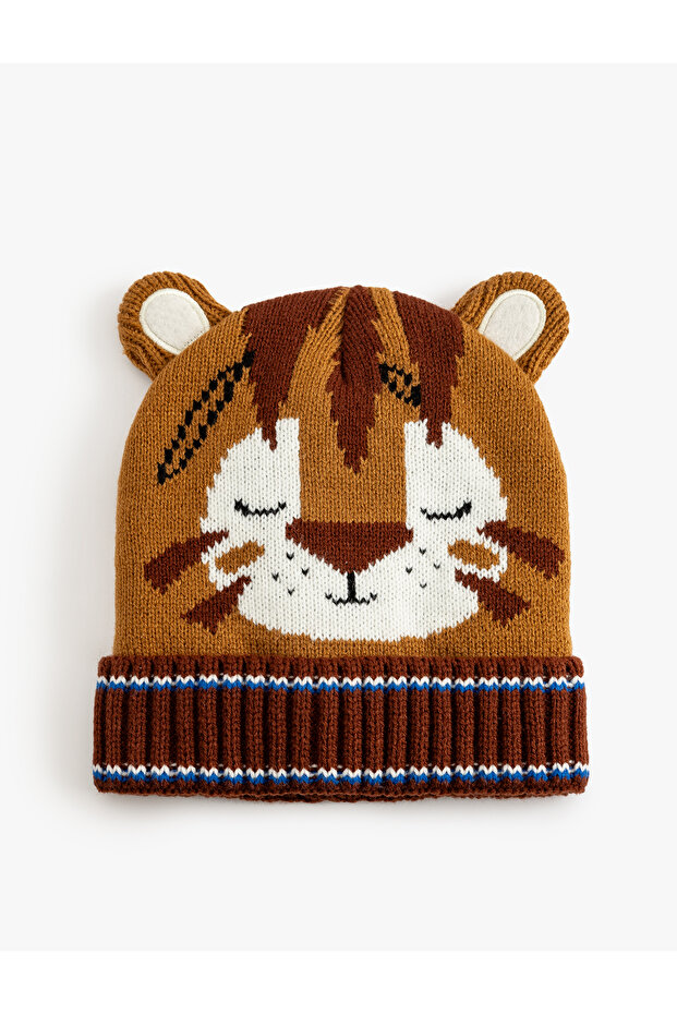 Tiger-Embellished Beret with Ear Appliqué Detail