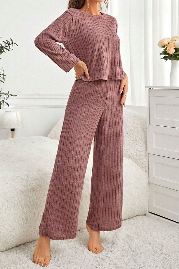 Gül Kurusu Pamuklu Fitilli Uzun Pijama Takımı - 5