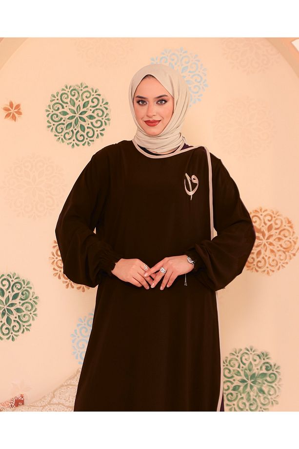 Elif Vav Nakışlı Çıtçıtlı Ferace Acı Kahve - 6