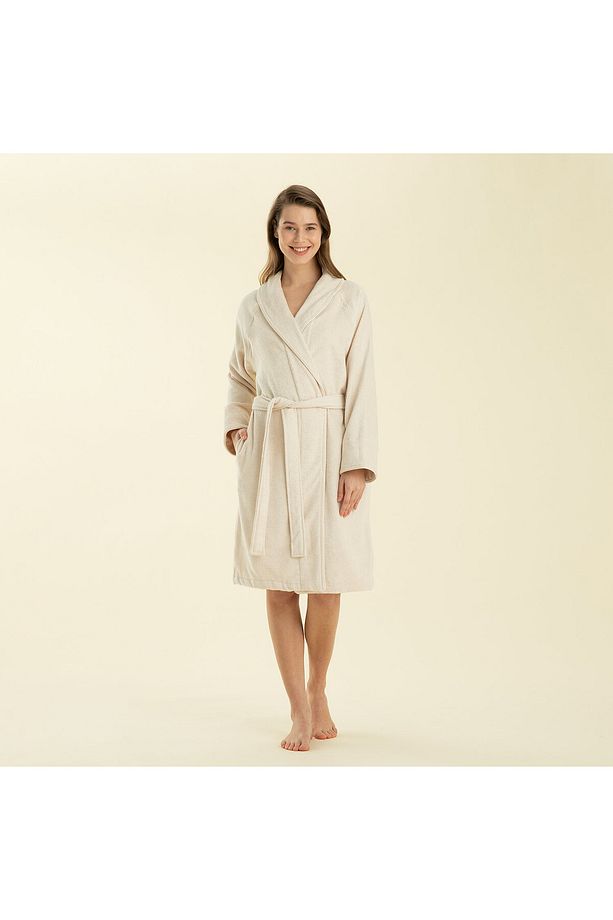 Solid Unisex Bornoz Ekru - 2