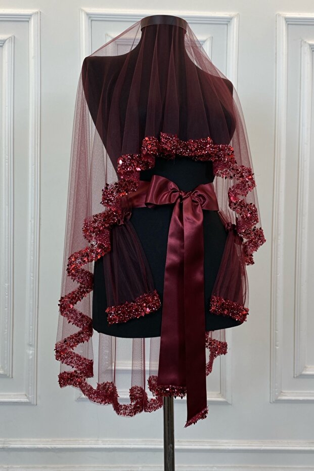 Burgundy Bridal Veil Set, Water Stone Sequin Beaded Pearled Leaf Patterned Henna Veil Set 6 Pieces