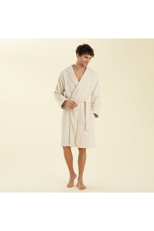 Solid Unisex Bornoz Ekru - 3