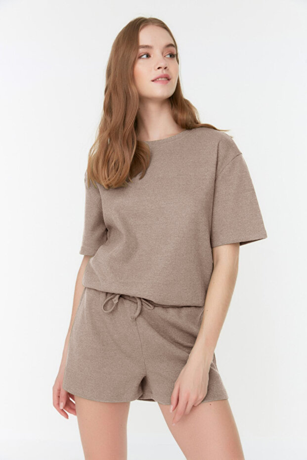 Bej Waffle Kumaş Şortlu Örme Pijama Takımı THMSS22PT0524 - 4