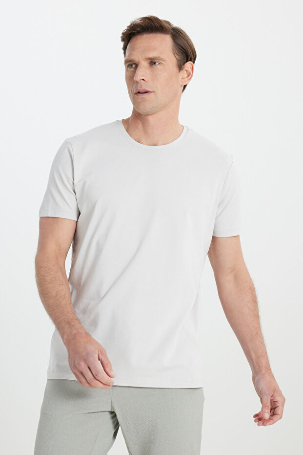 Erkek Açık Gri 360 Derece Her Yöne Esneyen Slim Fit Bisiklet Yaka Tişört - 3