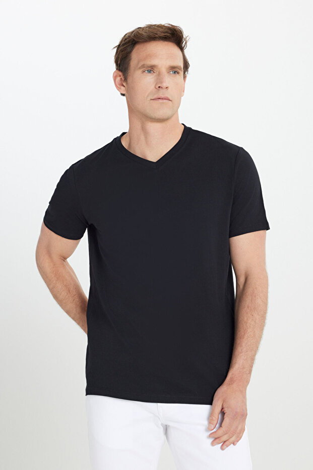 Erkek %100 Pamuk V Yaka Siyah Slim Fit Dar Kesim Tişört - 3