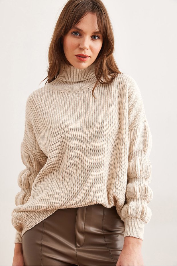 Women's Stone Sleeve Detailed Turtleneck Sweater Kzk- 19000927