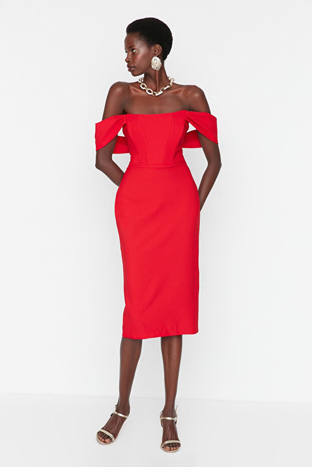 Piros testhezálló fűző részletes szőtt stílusos estélyi ruha éjszakai ballagási ruha TPRSS22EL00097 - 2