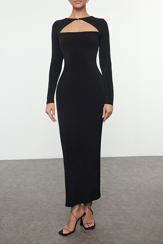Czarna wycięta dzianinowa elegancka wieczorowa sukienka na studniówkę - 3