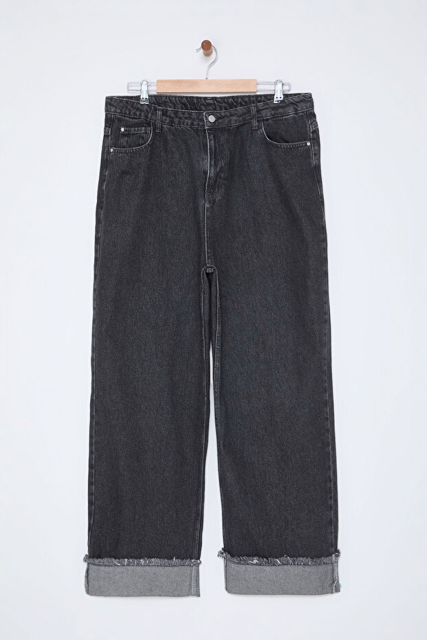 Gri Yüksek Bel Paçası Kıvırma Detaylı Wideleg/Geniş Paça Orta Esnek Büyük Beden Jeans TBBSS23CJ00002 - 7