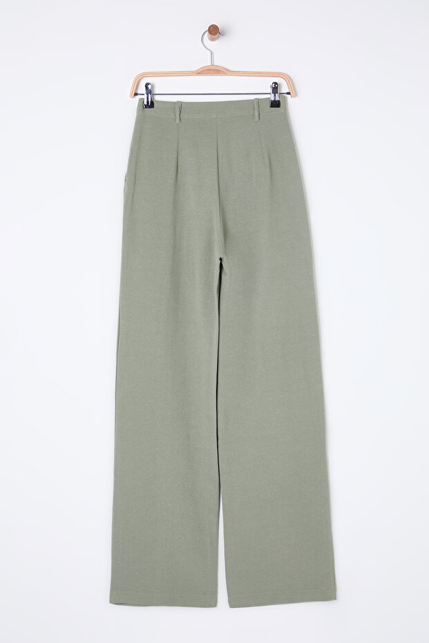 Haki Keten Görünümlü Wide Leg/Geniş Paça Dokuma Pantolon TWOSS25PL00018 - 8