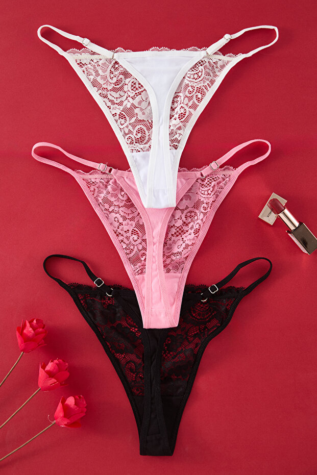 Siyah-Pembe-Beyaz 3'lü Paket Dantel Tanga Örme Külot THMSS25KU00006 - 5