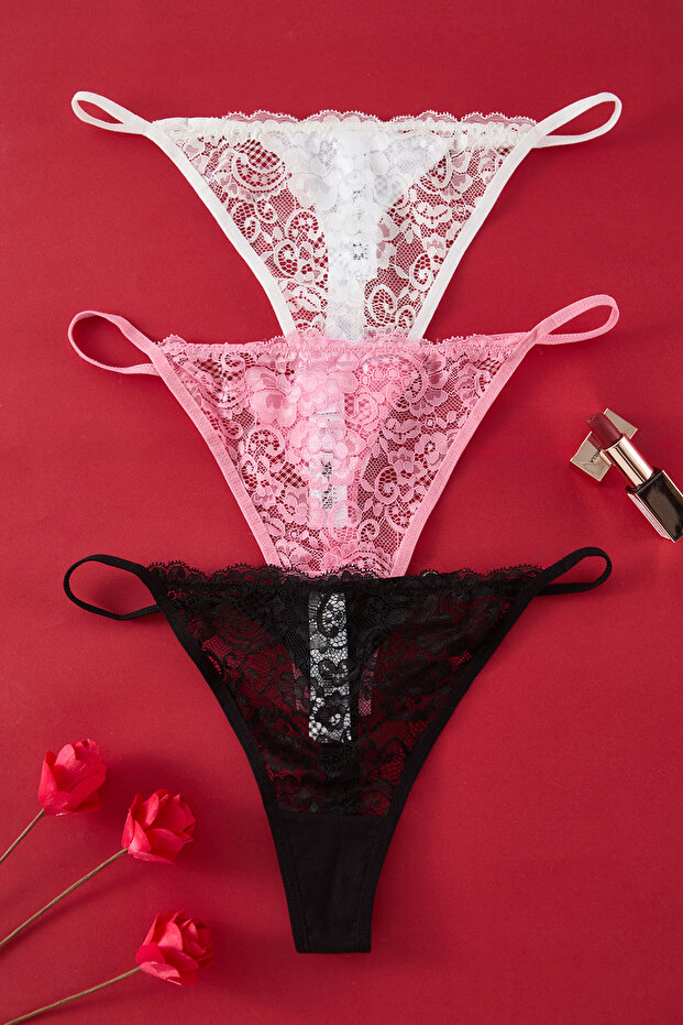 Siyah-Pembe-Beyaz 3'lü Paket Dantel Tanga Örme Külot THMSS25KU00006 - 3